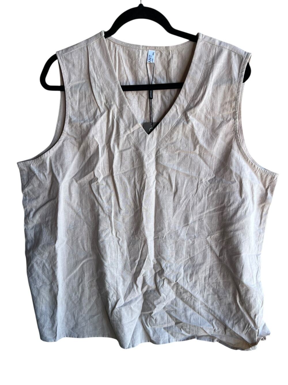 Chigant Women's XXL 100% Cotton Sleeveless Top V-Neck Beige NEW With Tags